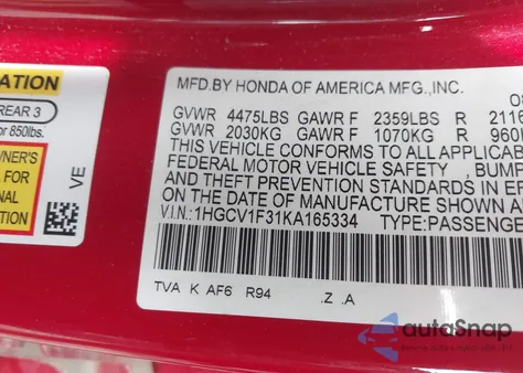 2019 Honda Accord Sport from USA, damaged, VIN 1HGCV1F31KA165334